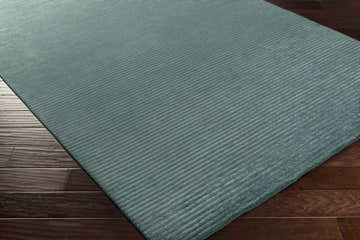 Close-up of the teal Guyton Area Carpet showing its striped pattern and texture on a dark wood floor. Corner