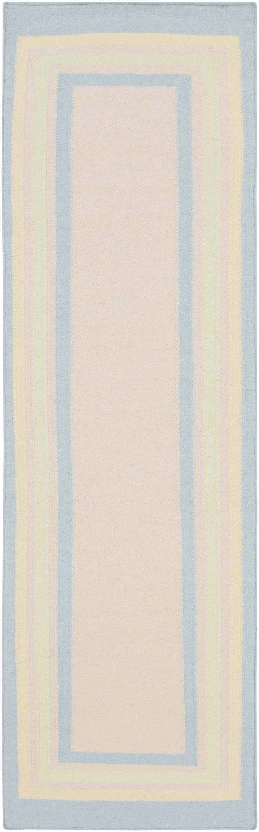 Close-up of the hand woven Hackberry Area Rug. Ivory center with light blue, olive, and yellow border stripes. Design-Runner-268