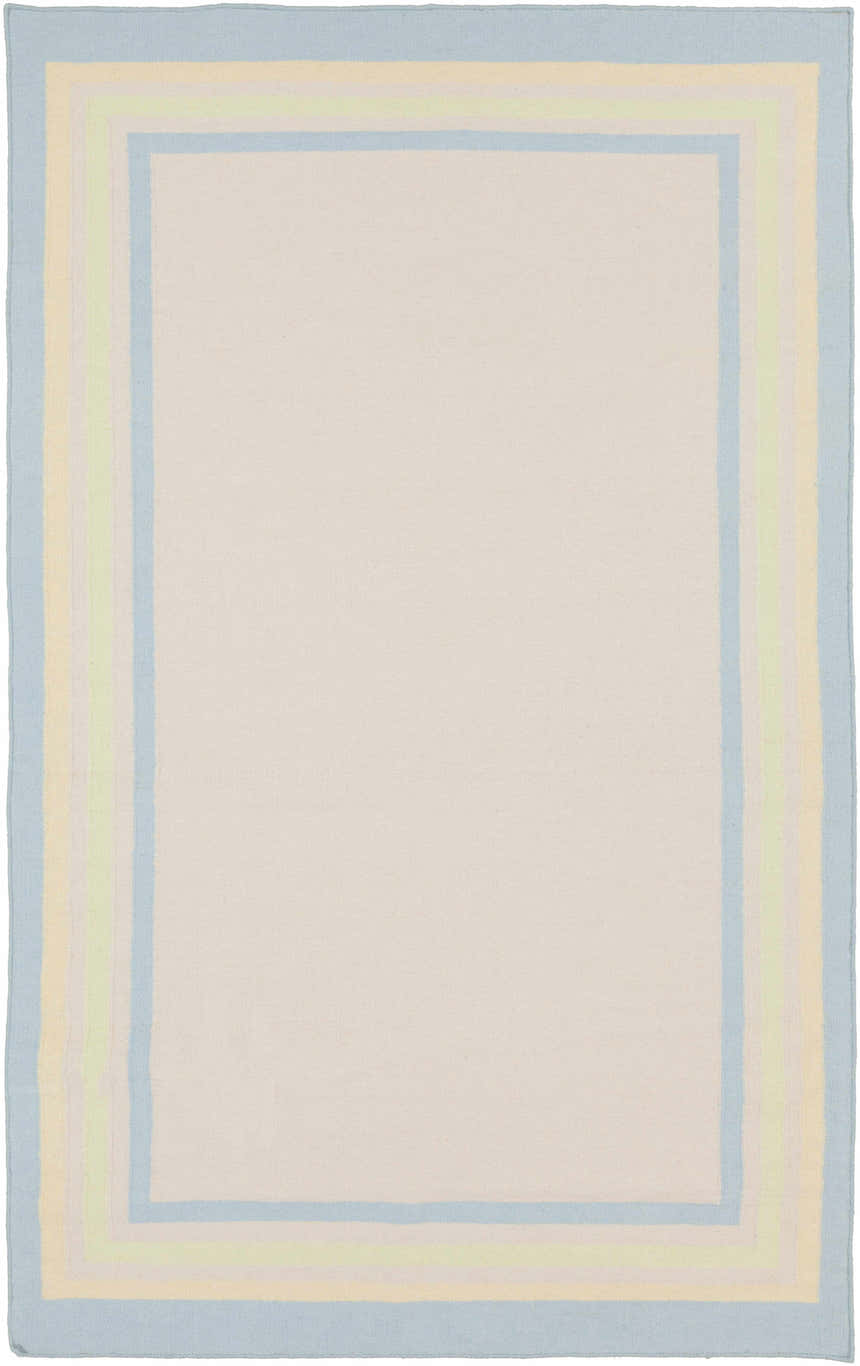 Close-up of the hand-woven Hackberry Area Rug. Ivory rug with light blue, light olive, and yellow border stripes. Design-Rectangle