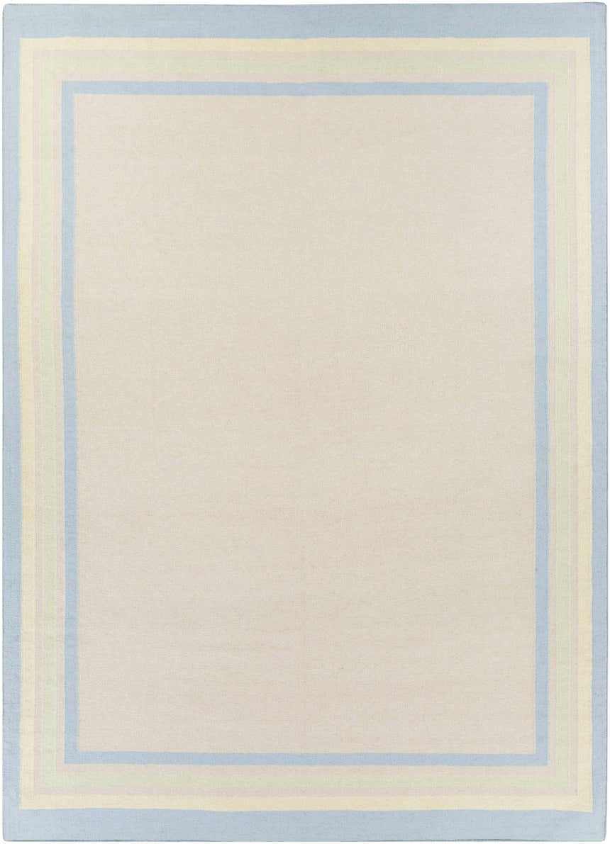 Close-up of the hand woven Hackberry Area Rug. Ivory rug with light blue, olive, and yellow border stripes. Design-Rectangle