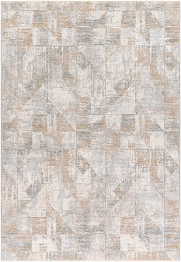 Close-up of the Halia Thick Luxe Boutique Rug. Contemporary style with cloud gray, brown, and gray geometric pattern. Design-Rectangle-575