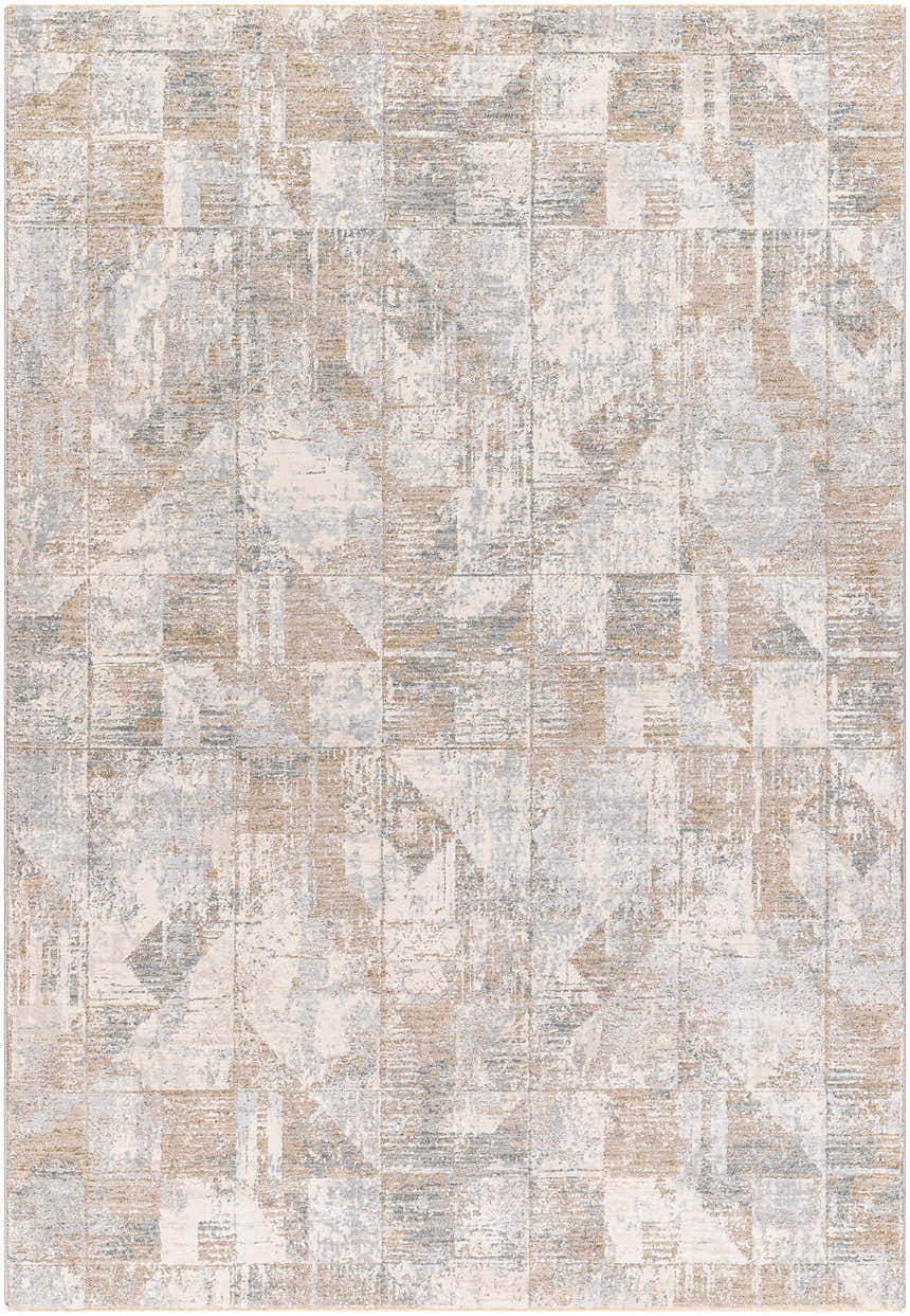 Close-up of the Halia Thick Luxe Boutique Rug. Contemporary style with cloud gray, brown, and gray geometric pattern. Design-Rectangle-575