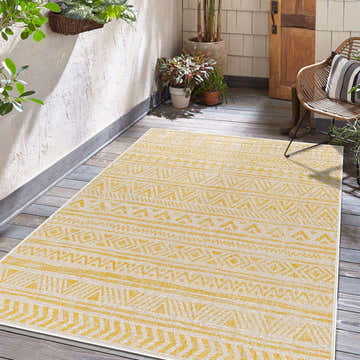Sunny patio scene with a beige and brass Haluk Area Rug, plants, and a wicker chair. Roomscene-Rectangle