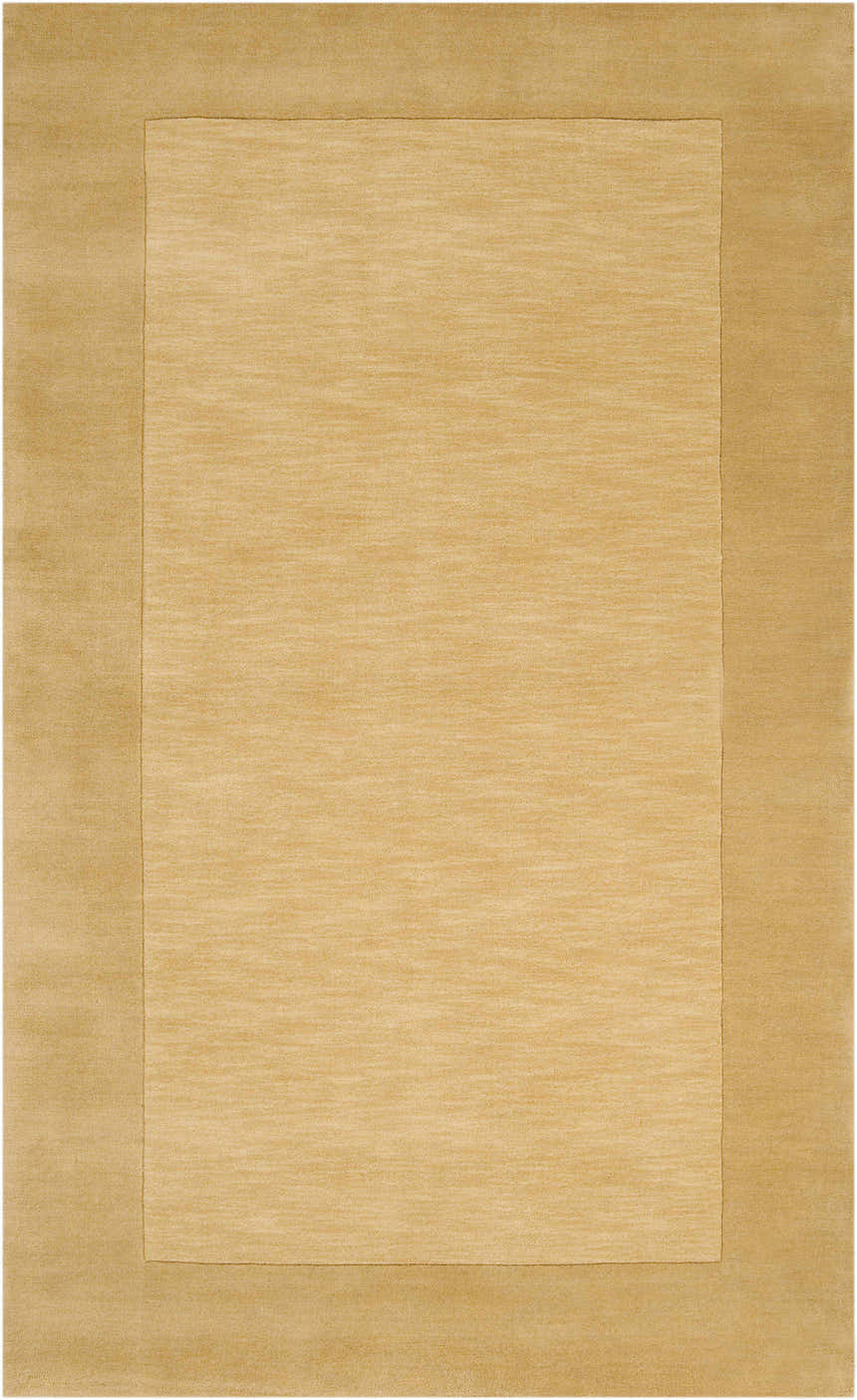 Close-up of a Bordered Solid Camel Yellow Wool Rug showing the texture and color. Design-Rectangle-58