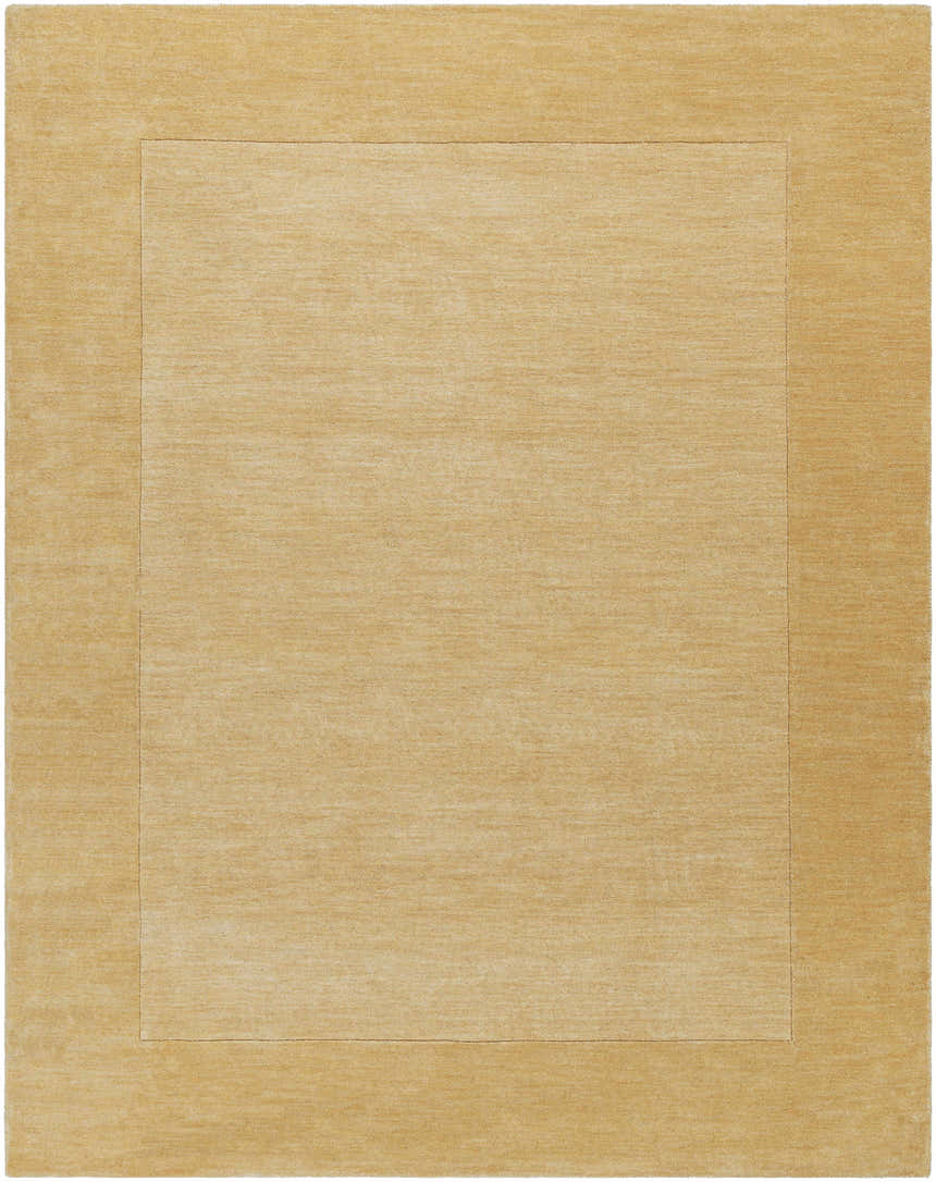 Close-up of a Bordered Solid Camel Yellow Wool Rug, showing texture and subtle border design. Design-Rectangle-7696