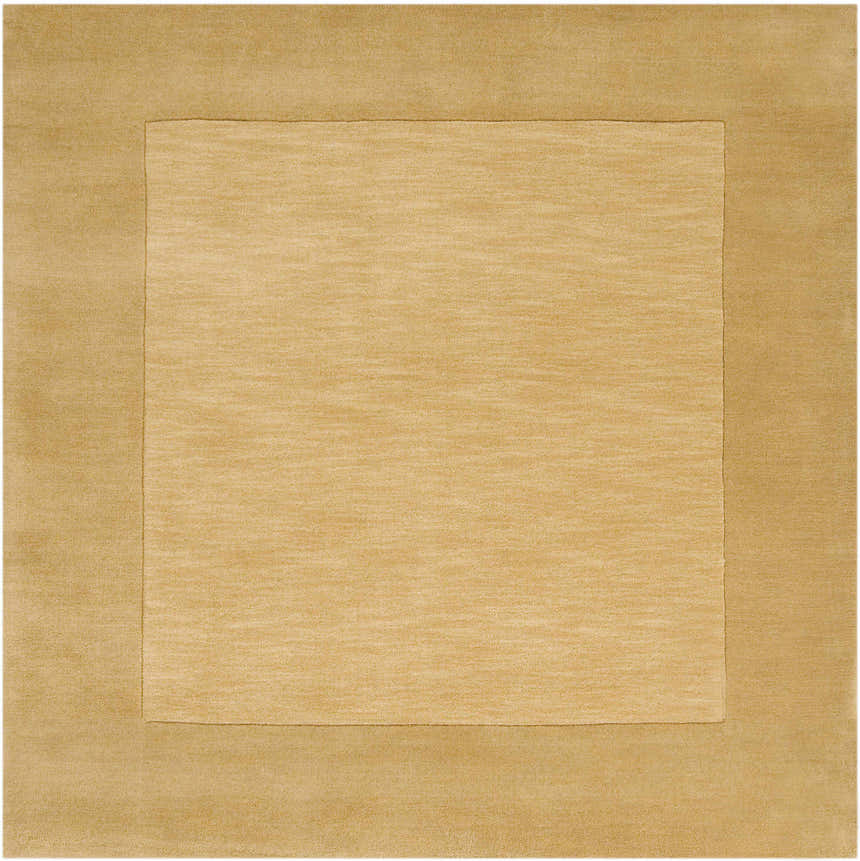 Close-up of a hand-loomed Bordered Solid Camel Yellow Wool Rug, showing the subtle texture and simple, clean design. Design-Square-8