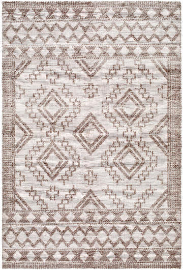 Close-up of the Hanh Area Rug. Hand-woven, farmhouse style with gray, brown, and taupe geometric patterns. Design-Rectangle-576