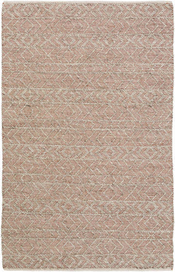 Close-up of the Harlingen Area Rug. Hand-woven viscose rug in brick red and light gray with a diamond pattern. Farmhouse style. Design-Rectangle-576