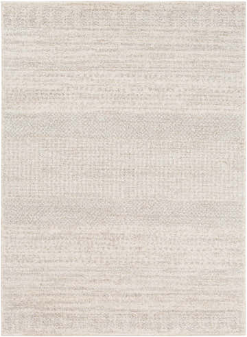 Close-up of the Harpursville Area Rug. Light gray, gray, and light brown horizontal stripes create a contemporary design. Design-Rectangle-576