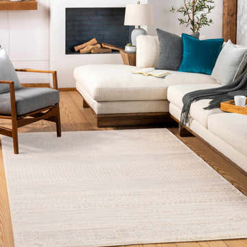 Contemporary living room with a Harpursville Area Rug, light beige sofa, and fireplace. Roomscene-Rectangle