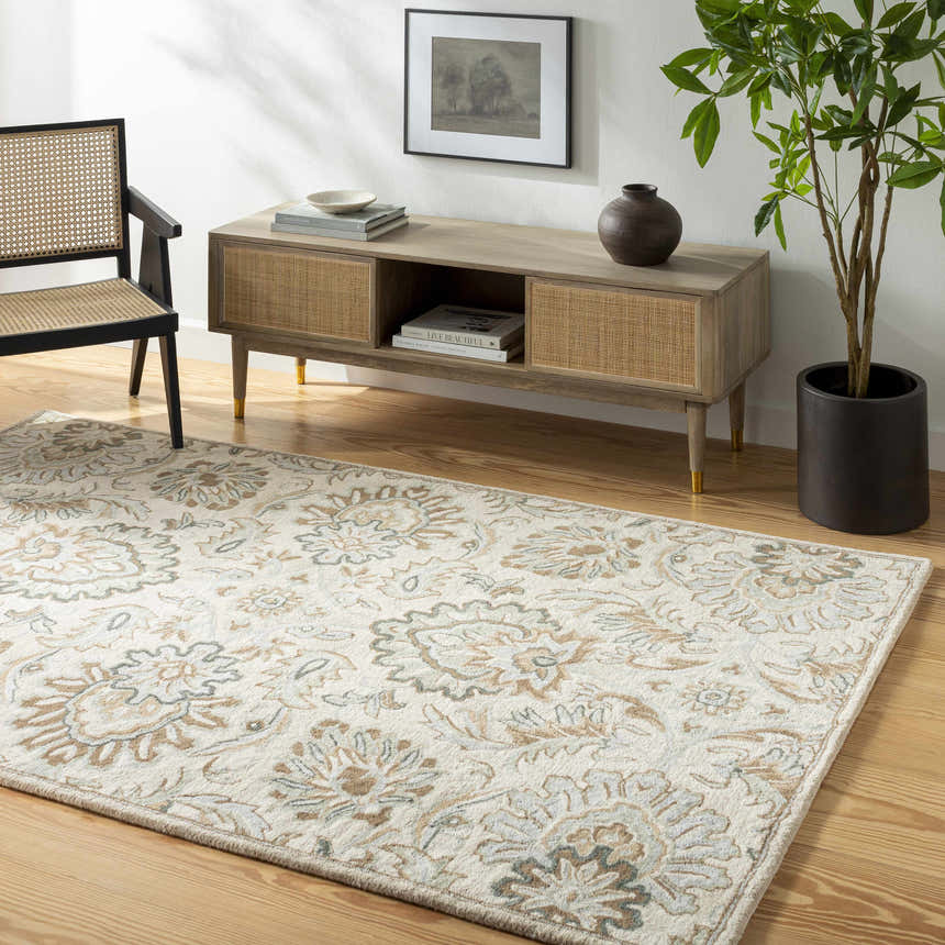 Living room scene with a beige Helia Area Rug, wood floors, and a mid-century modern console table. Roomscene-Rectangle