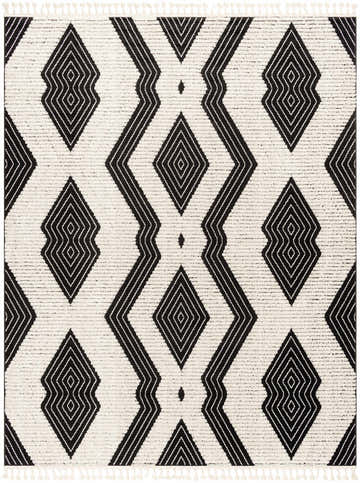 Close-up of the Hesperus High/Low Pile Rug. Black geometric pattern on ivory, textured rug with tassels. Design-Rectangle-710102