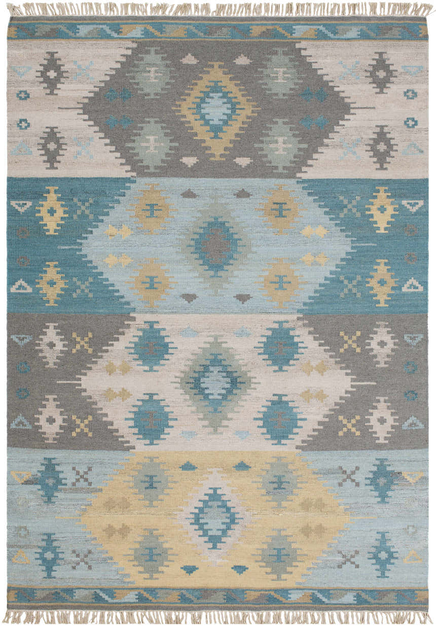 Hand woven Heth Carpet in beige, blue, and charcoal. Farmhouse style wool rug with diamond and geometric pattern. Design-Rectangle-576