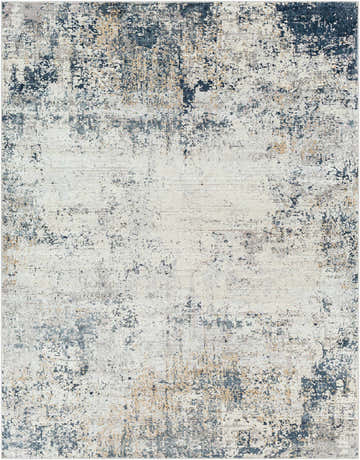 Close-up of the Higden Abstract Denim Blue Rug. Features charcoal, denim, gray, and beige hues in a contemporary abstract design. Design-Rectangle-71010