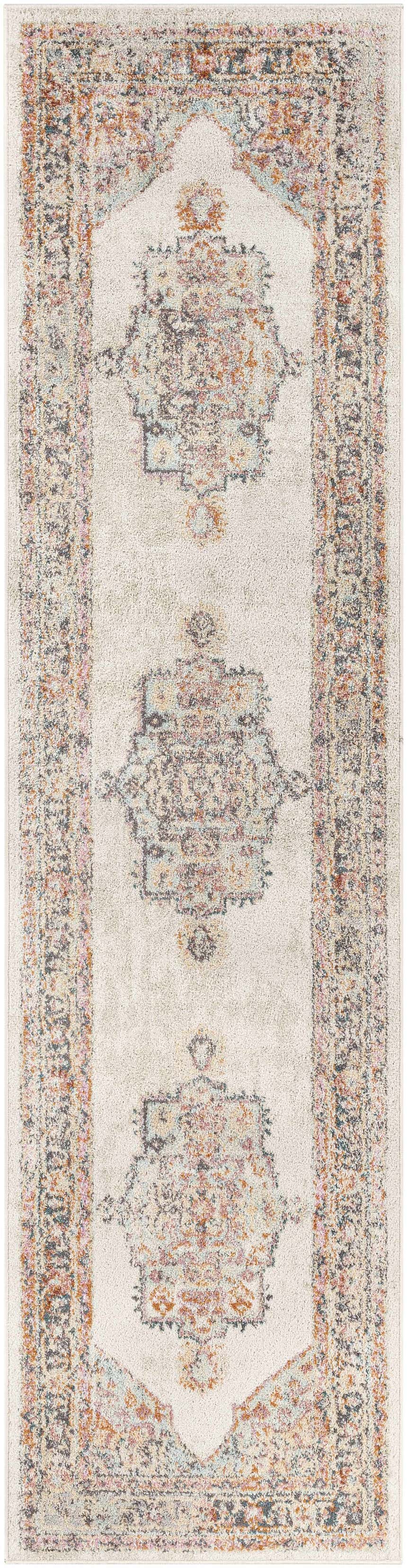 Close-up of the Hillcrest Area Rug. Beige rug with traditional oriental pattern in brick red, blue, and pink tones. Design-Runner-2710
