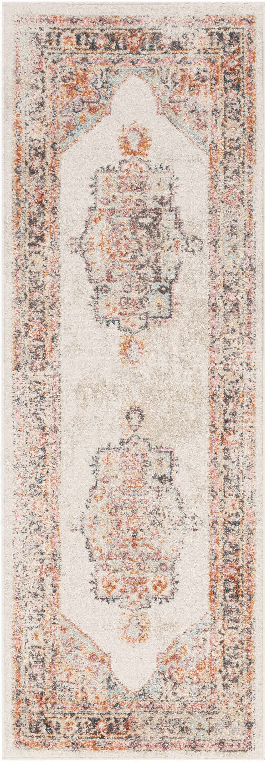 Close-up of the Hillcrest Area Rug. Beige rug with traditional orange, pink, and blue bohemian-inspired pattern. Design-Runner-2773