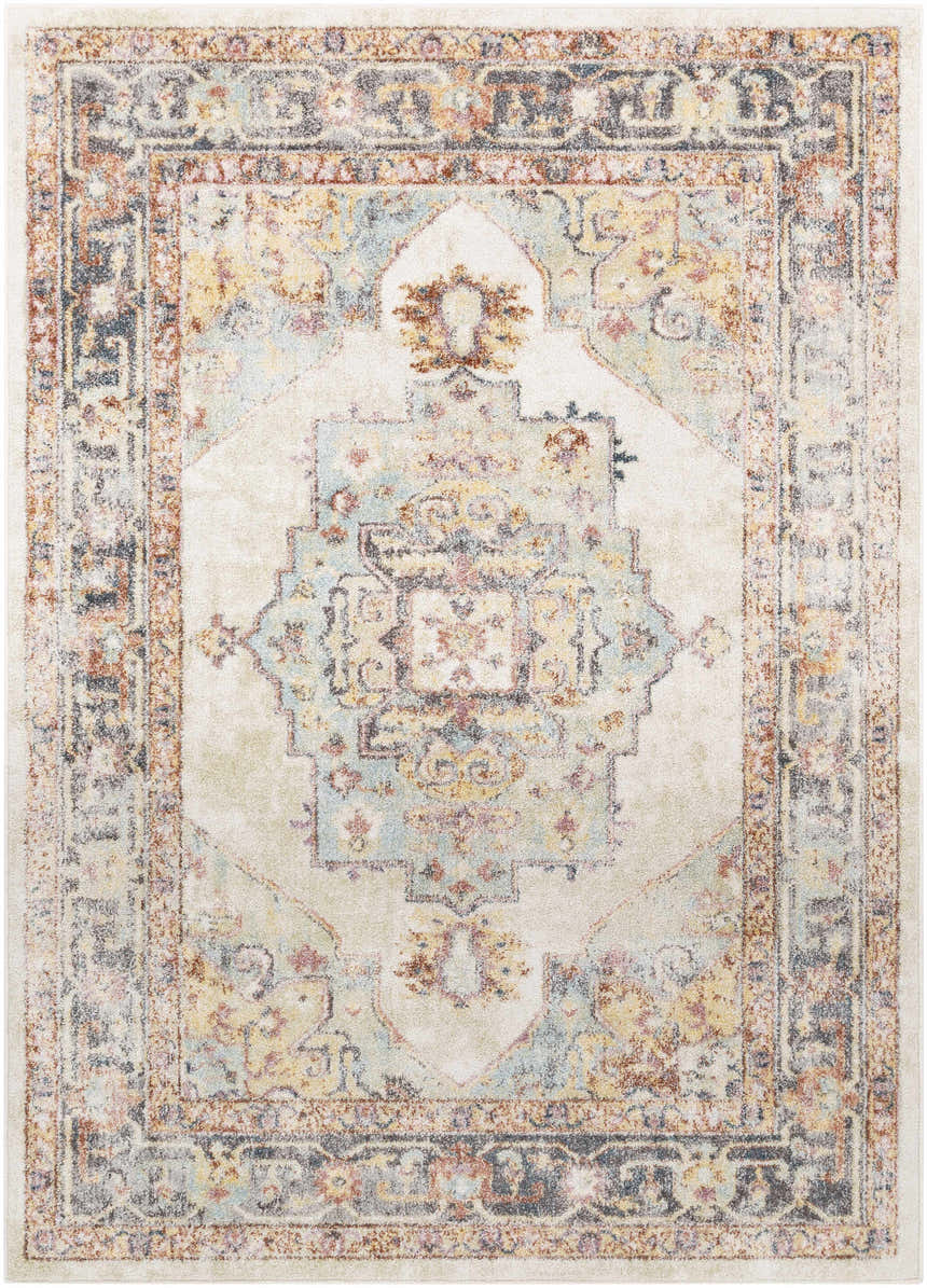 Close-up of the Hillcrest Area Rug. Beige rug with traditional oriental pattern in blue, yellow, pink, and rust. Design-Rectangle-5373