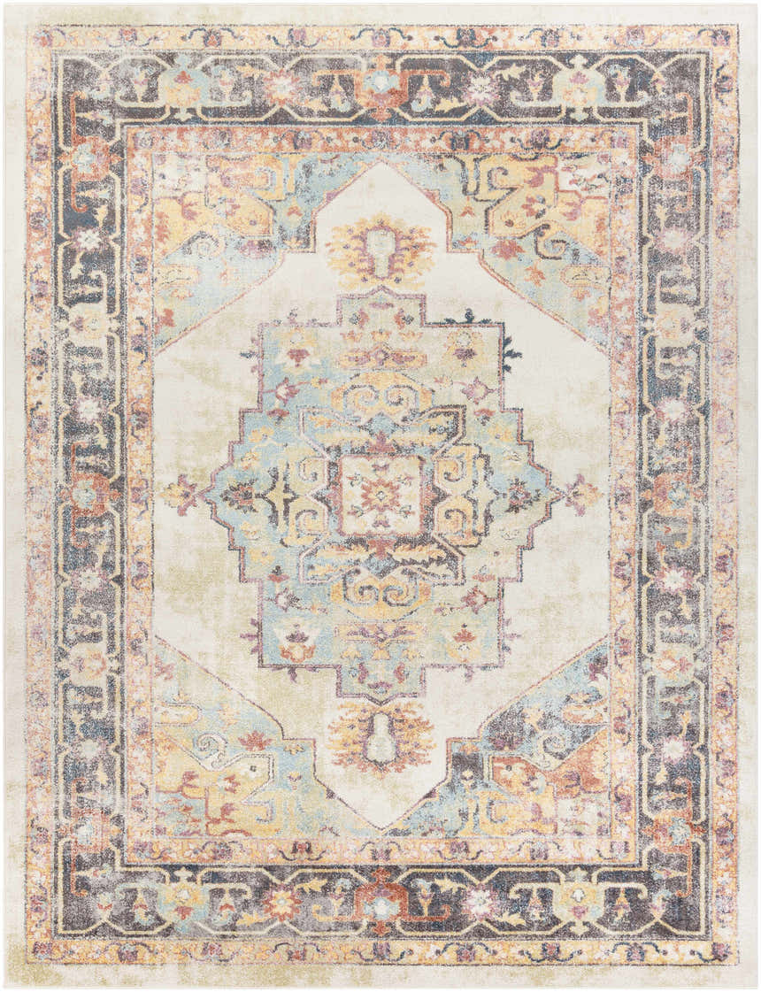 Detailed view of the Hillcrest Area Rug. Bohemian style rug with beige, blue, and brick red colors. Machine woven polypropylene. Design-Rectangle-710103