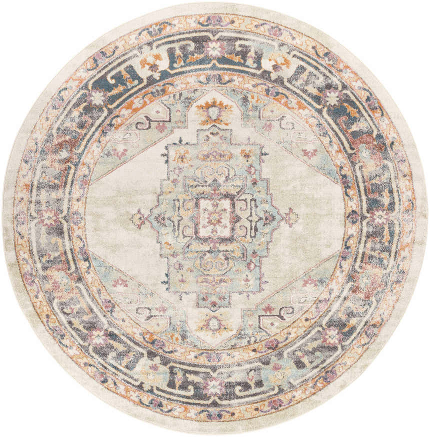 Round Hillcrest Area Rug with beige center and colorful bohemian-style border pattern in blue, orange, pink, and charcoal. Design-Round-710