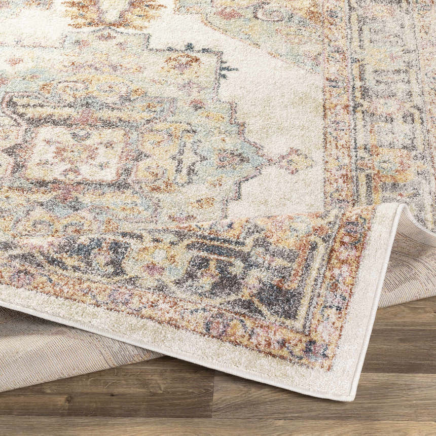 Close-up of the Hillcrest Area Rug. Beige, blue, red, and yellow tones in a traditional, distressed oriental pattern. Soft texture. Fold