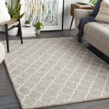 Living room scene with a cream sofa and the Hindley Area Rug in cream and gray. Roomscene-Rectangle