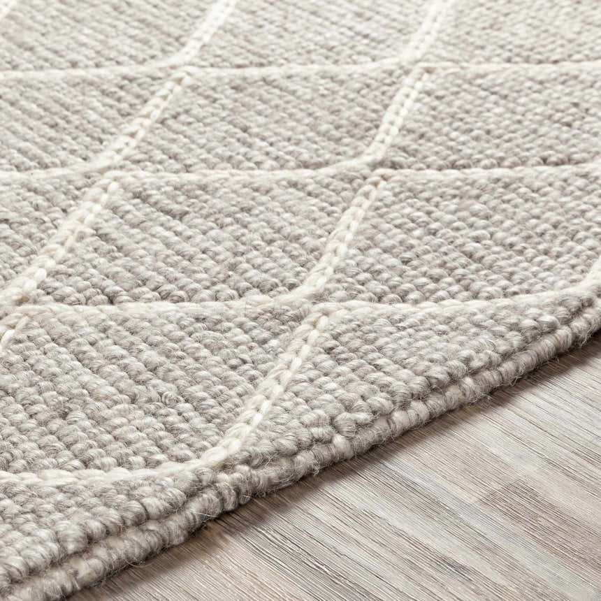 Close-up of the hand woven Hindley Area Rug, cream and gray wool and viscose blend with geometric pattern. Texture