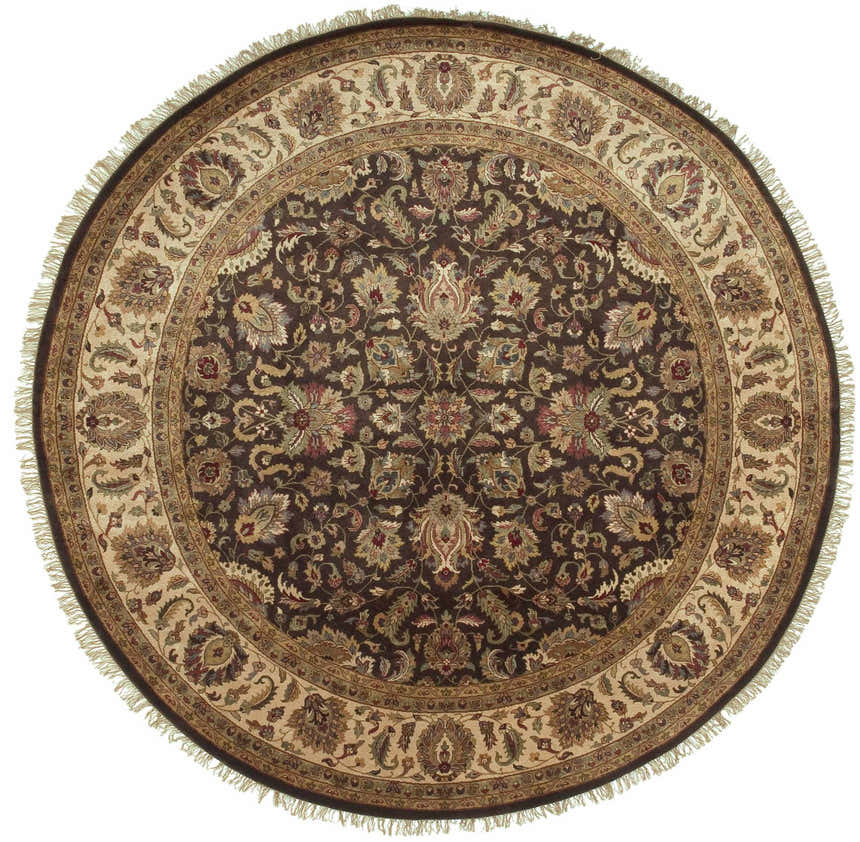 Round Hillisburg Premium Wool Carpet with traditional floral pattern in brown, beige, and burgundy. Hand-knotted rug with fringe. Design-Round-8