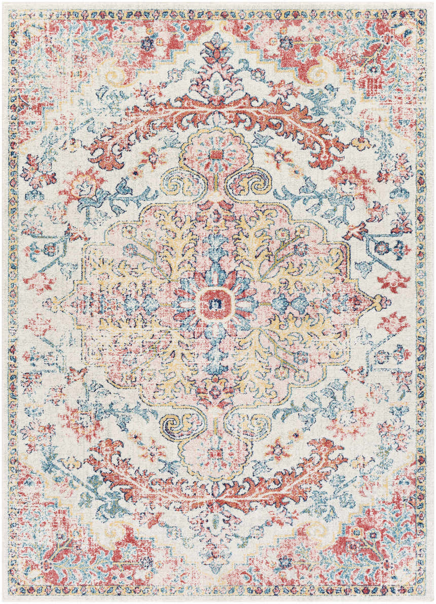 Close-up of the Hemingbrough Red&White Medallion Rug, featuring a traditional floral pattern in red, blue, mauve, and saffron on an off-white base. Design-Rectangle-5373
