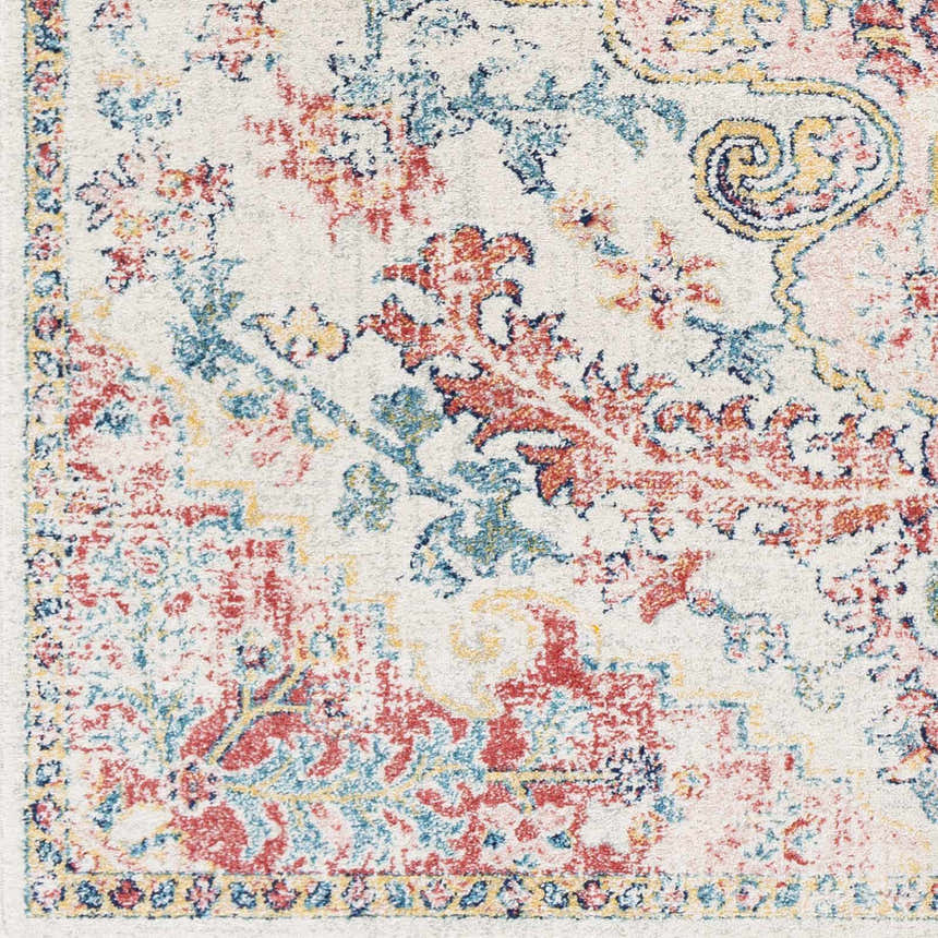 Close-up of the Hemingbrough Red&White Medallion Rug showing its red, blue, and saffron bohemian pattern. Swatch