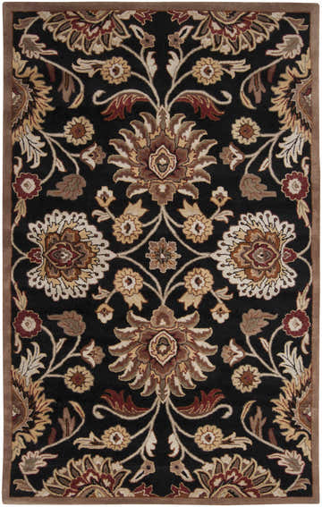 Detailed floral pattern of the Conesus 1053 black wool rug with brown, red, and oatmeal accents. Design-Rectangle-58