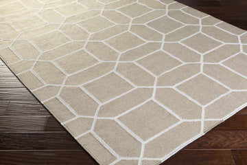 Close-up of a Hometown Indoor & Outdoor Rug. Light gray rug with a white geometric pattern on dark wood floors. Corner