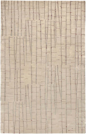 Close-up of the Hotchkiss Area Carpet. Hand-knotted wool rug with a light brown base and brick red and mustard vertical line pattern. Design-Rectangle-58