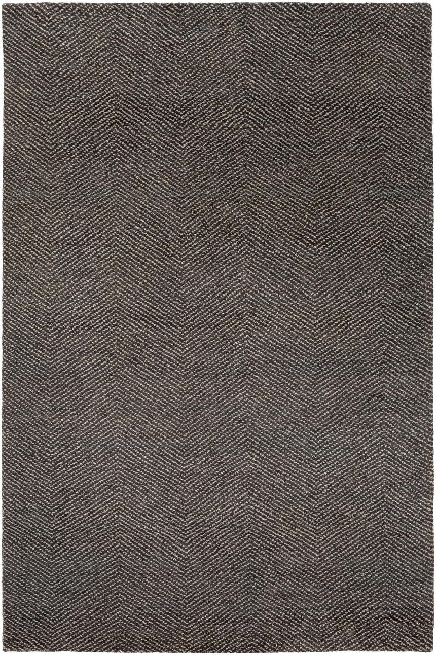 Close-up of the hand-knotted Hoyt Carpet in charcoal and off-white. Contemporary rug with a subtle chevron pattern. Design-Rectangle-576