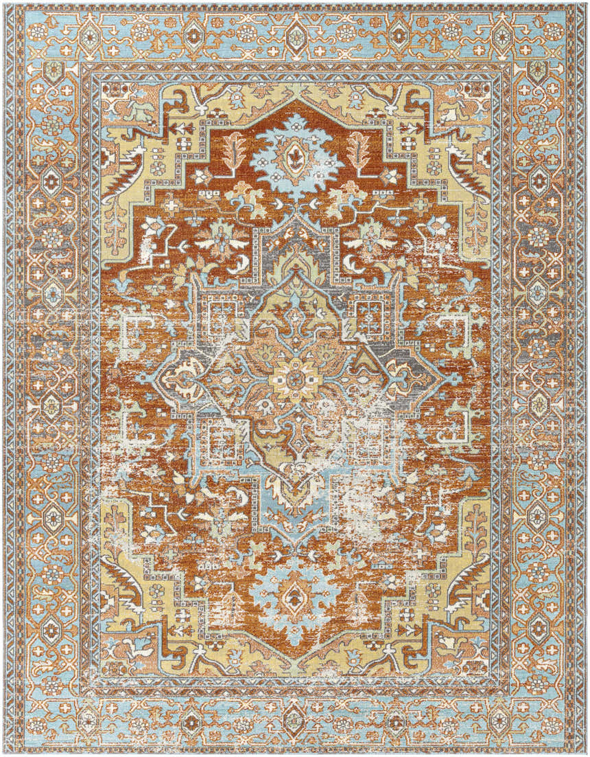 Detailed view of the Hardwick Performance Rug in brick red, brown, and light blue with a traditional oriental pattern. Design-Rectangle-71010