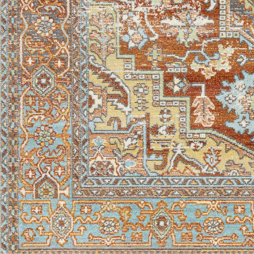Close-up of the Hardwick Performance Rug, showcasing its brick red, brown, and pale blue traditional pattern. Swatch