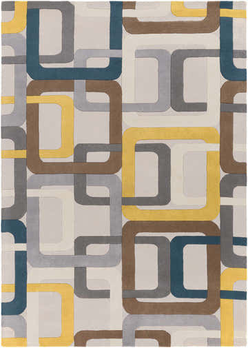 Close-up of the Harlech Area Rug. Geometric pattern in brown, dark blue, gray, ivory, and mustard on a wool, hand-tufted rug. Design-Rectangle-811
