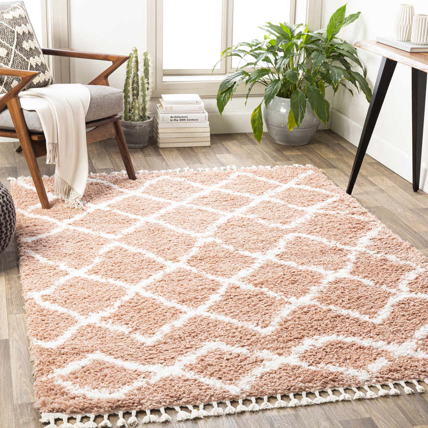 Living room scene with a dusty pink Hornsby area rug, white geometric pattern, chair, and plants. Roomscene-Rectangle