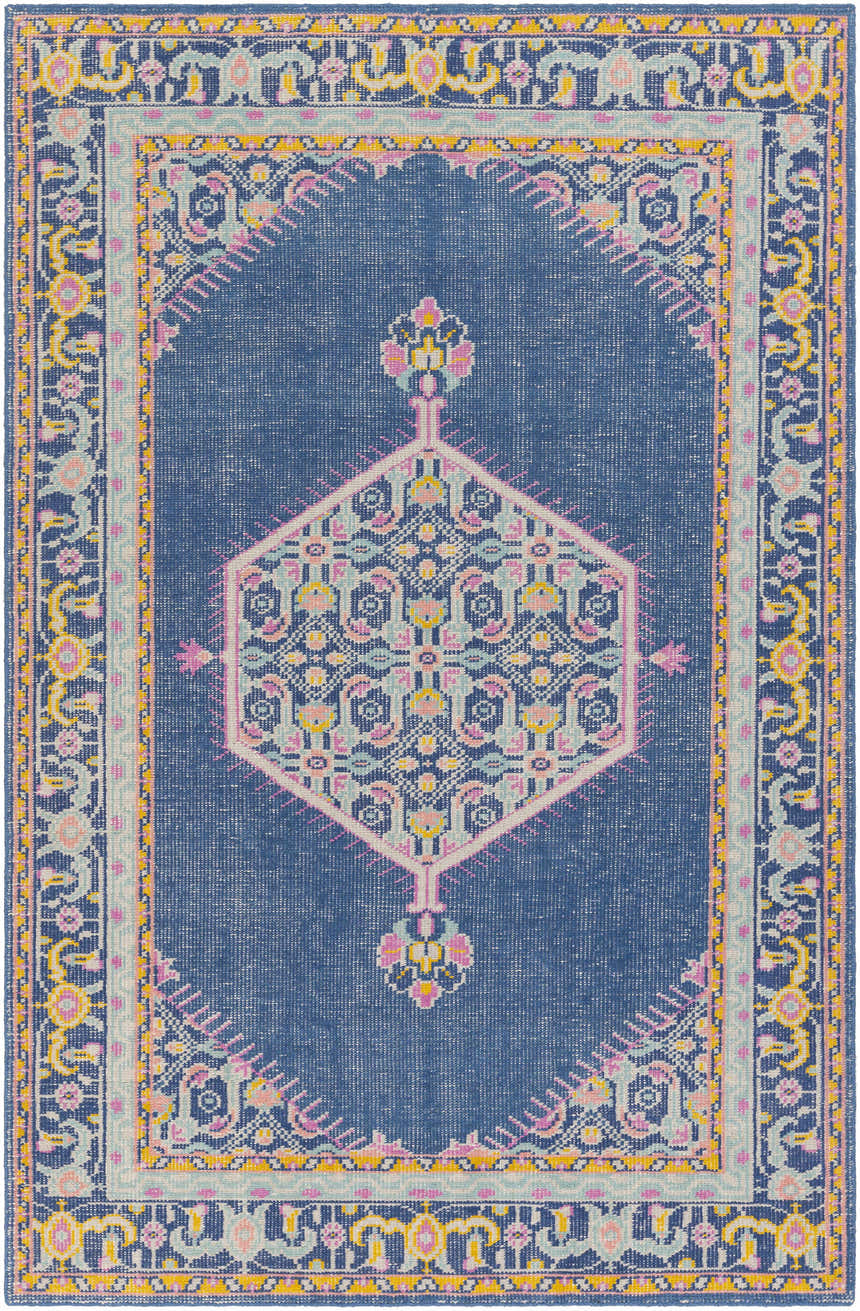 Close-up of the Herriman Clearance Rug. Hand-knotted wool rug in aqua, dark blue, pink, and saffron with a traditional pattern. Design-Rectangle-5686