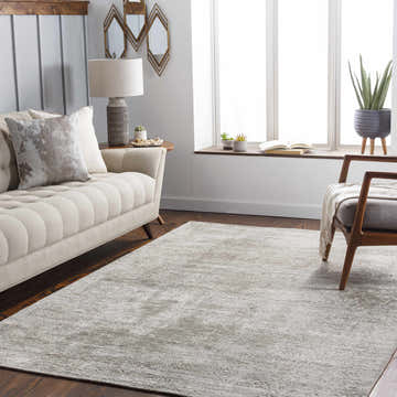 Living room scene with the taupe Horsford Area Rug, a cream sofa, wood floors, and natural light from a large window. Roomscene-Rectangle