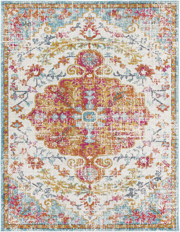 Close-up of the Hosking Area Rug. Bohemian style rug with burgundy, burnt orange, and teal floral and medallion pattern. Design-Rectangle-710103