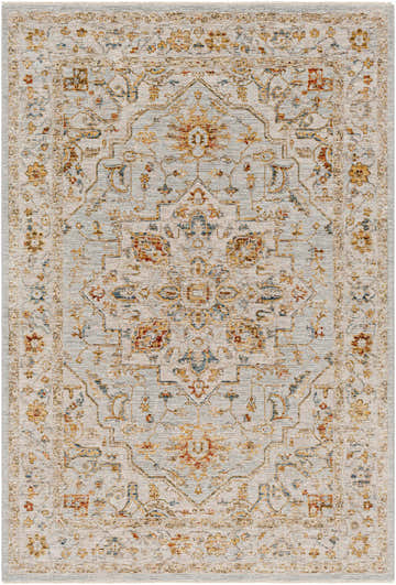 Close-up of the Huguley Floral Cream Luxe Rug. Features a traditional floral pattern in cream, brick red, denim, and light brown. Design-Rectangle-575