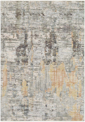 Close-up of the Hustontown Carved Statement Rug. Abstract design with blue, charcoal, sage, gray, ivory, and saffron hues. Design-Rectangle-582