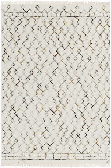 Close-up of the Husum Area Carpet. Hand woven wool rug with a cream base and black, brown, and gray geometric pattern. Design-Rectangle-576