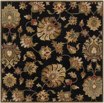Close-up of the Huxley Area Rug, a black wool rug with a beige, red, and olive green floral pattern. Hand-tufted texture. Design-Square-6