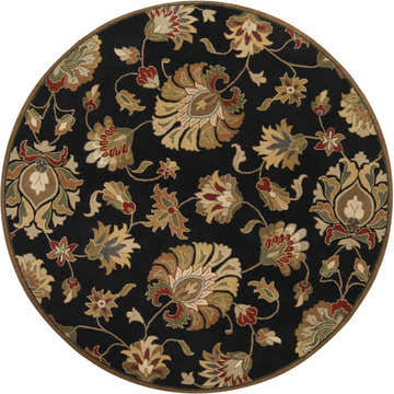 Close-up of the round Huxley Area Rug, a hand-tufted wool rug with a black background and beige, red, and olive floral pattern. Design-Round-8