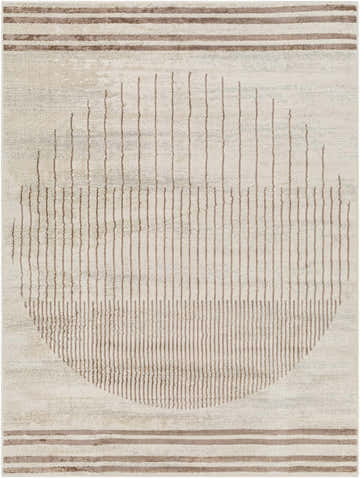 Close-up of the Howi Area Rug. Geometric design in cloud gray, dark beige, and nutmeg. Contemporary style. Design-Rectangle-537
