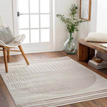 Entryway with a Howi Area Rug in cloud gray and dark beige with a geometric design. Roomscene-Rectangle