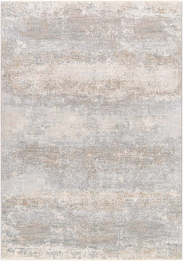 Close-up of the Ikram Thick Luxe Boutique Rug, featuring a contemporary gray, light gray, and tan abstract design. Design-Rectangle-575