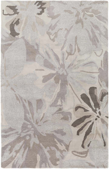 Close-up of the Ilfeld Athena Gray Floral Wool Rug, featuring a textured floral pattern in charcoal, gray, and taupe hues. Design-Rectangle-58