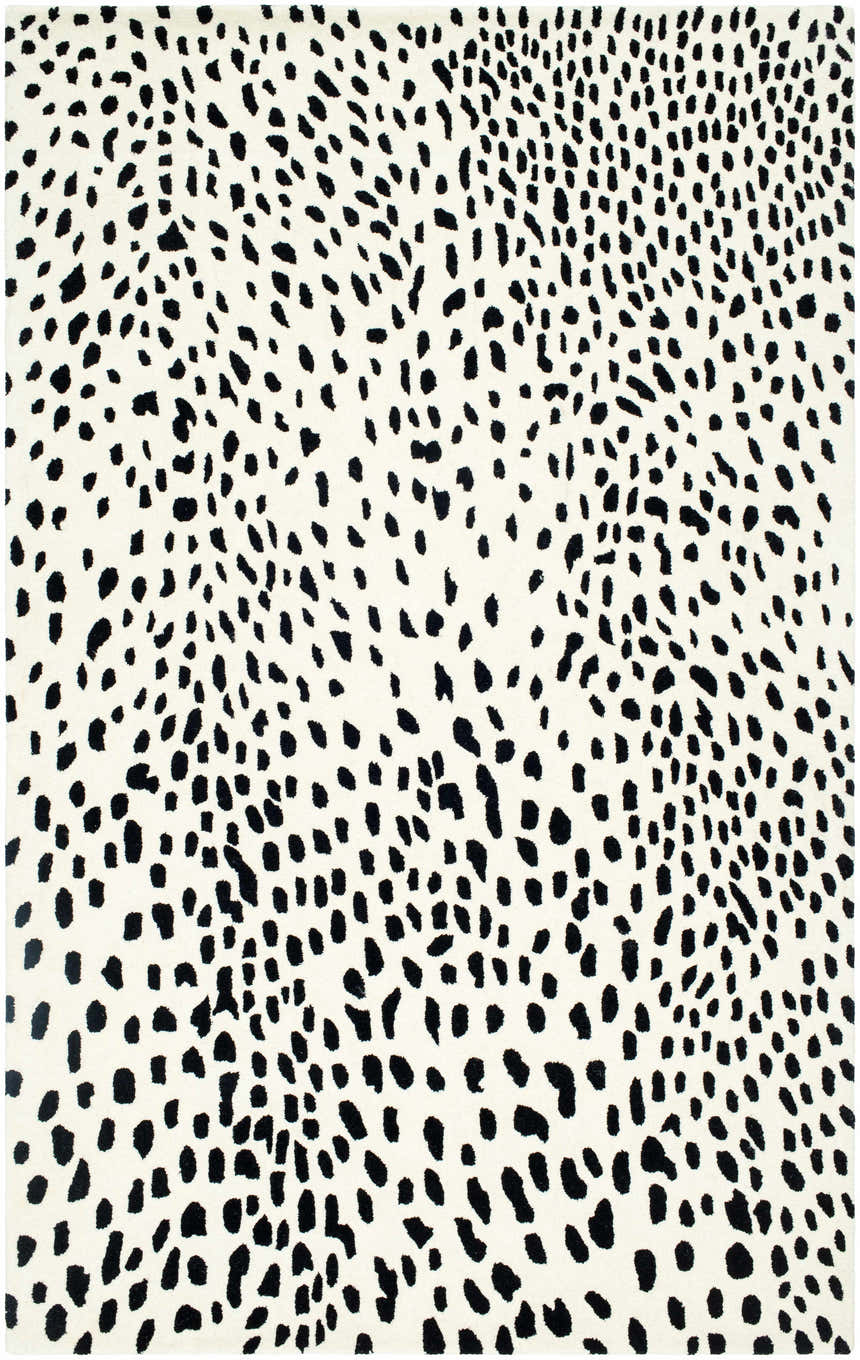 Close-up of the hand-tufted Athena White Giraffe Print Wool Rug. Features a black giraffe-inspired print on an off-white wool background. Design-Rectangle-58